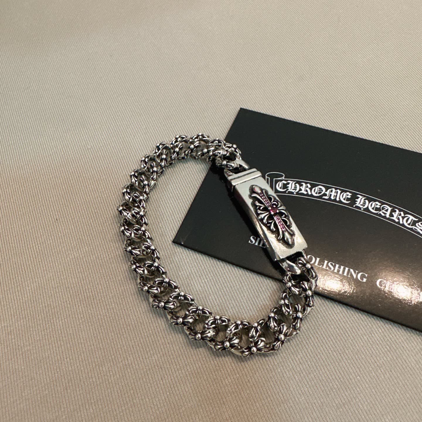 Chrome Hearts Silver Bracelet with Pink Crystal Cross Clasp